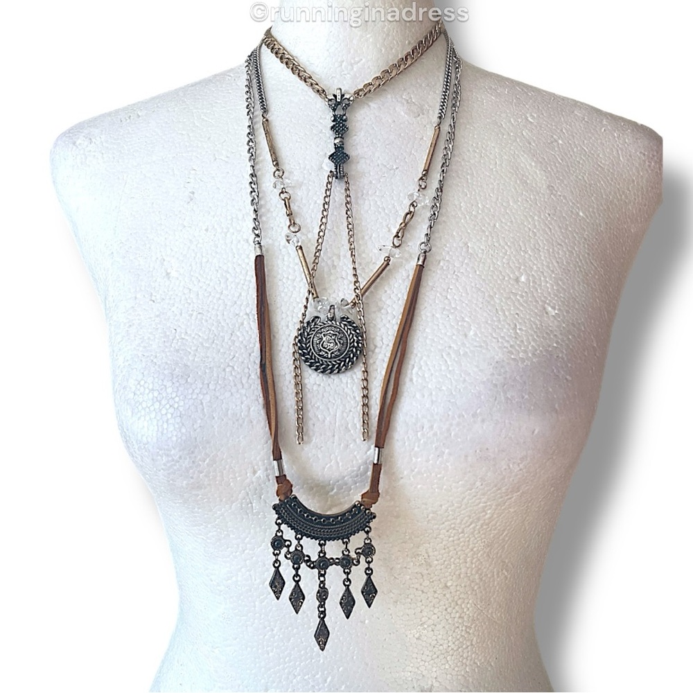 NWT Free People Can't Stand The Rain Layered Necklace Gold Silver & Brown Suede - Picture 2 of 13